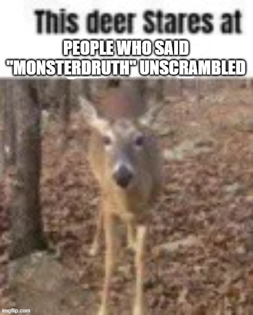 This deer stares at people who said "Monsterdruth" unscrambled | PEOPLE WHO SAID "MONSTERDRUTH" UNSCRAMBLED | image tagged in this deer stares at gay people,monsterdruth,mrotsrednuht | made w/ Imgflip meme maker