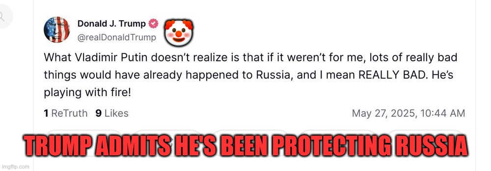 Protecting Putin | 🤡; TRUMP ADMITS HE'S BEEN PROTECTING RUSSIA | image tagged in trump,gop,maga,nazi,fascist,russia | made w/ Imgflip meme maker