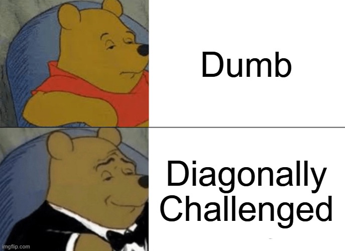 Tuxedo Winnie The Pooh | Dumb; Diagonally
Challenged | image tagged in memes,tuxedo winnie the pooh | made w/ Imgflip meme maker