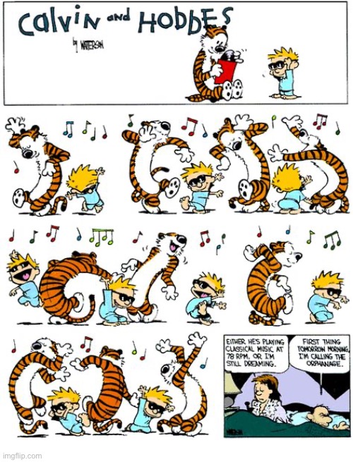 Calvin and Hobbes dancing to the beat of a different drummer (and a full orchestra)… | image tagged in calvin and hobbes,dancing | made w/ Imgflip meme maker