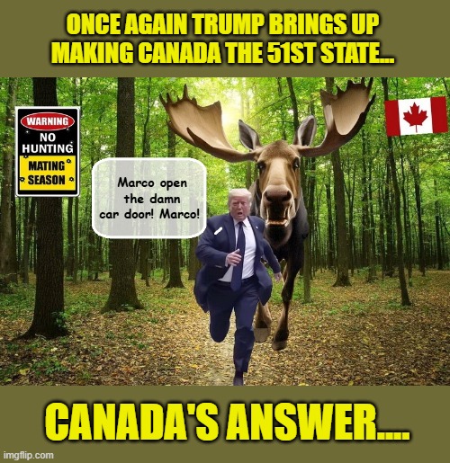 Trump offers Canada 'The Golden Dome' in return for making Canada the 51st State. Canada gives Trump a hard 'NO'. | ONCE AGAIN TRUMP BRINGS UP MAKING CANADA THE 51ST STATE... Marco open the damn car door! Marco! CANADA'S ANSWER.... | image tagged in impeach trump,government corruption,donald trump memes,canadian,meanwhile in canada,trump is a moron | made w/ Imgflip meme maker