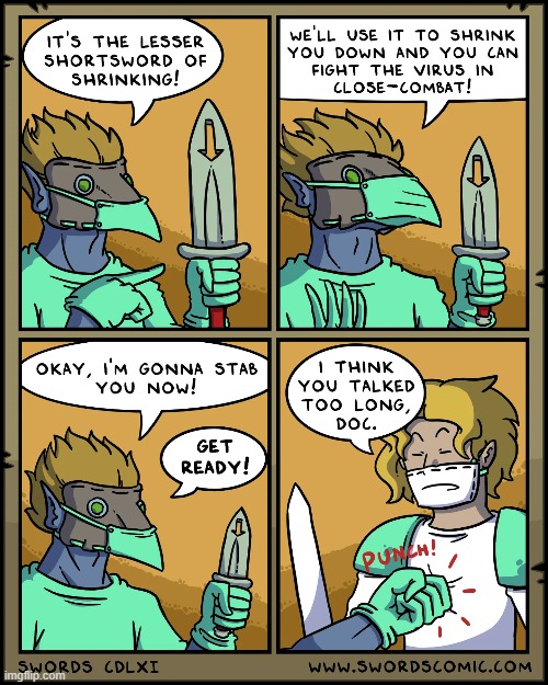 image tagged in swords,plague doctor,sword,short,shrinking,oof | made w/ Imgflip meme maker