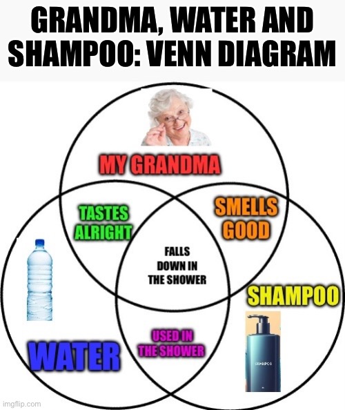 Improved Venn diagram | GRANDMA, WATER AND SHAMPOO: VENN DIAGRAM | image tagged in grandma,shampoo,water,fall | made w/ Imgflip meme maker