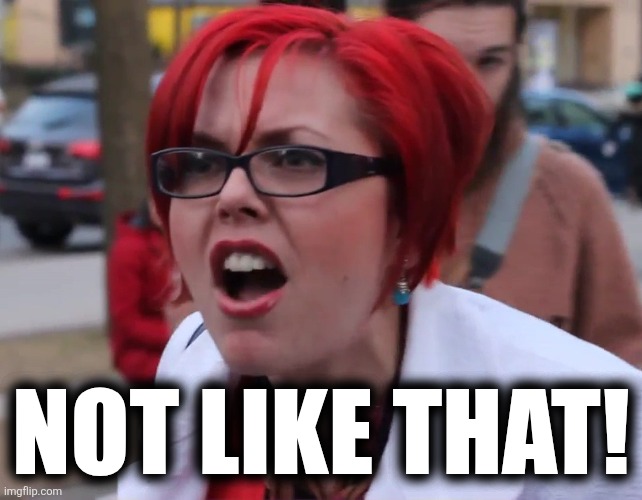 Feminist Liberal Outrage | NOT LIKE THAT! | image tagged in feminist liberal outrage | made w/ Imgflip meme maker