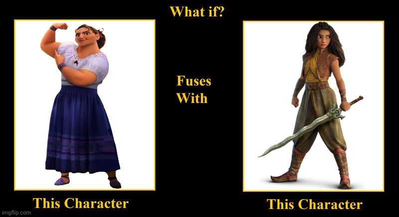 Luisa Madrigal Fuses With Raya of Heart | image tagged in what if fuses,luisa madrigal,encanto,raya,disney princess,raya and the last dragon | made w/ Imgflip meme maker