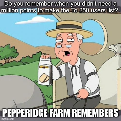 Top 250 | Do you remember when you didn’t need a million points to make the To 250 users list? PEPPERIDGE FARM REMEMBERS | image tagged in memes,pepperidge farm remembers,top users | made w/ Imgflip meme maker