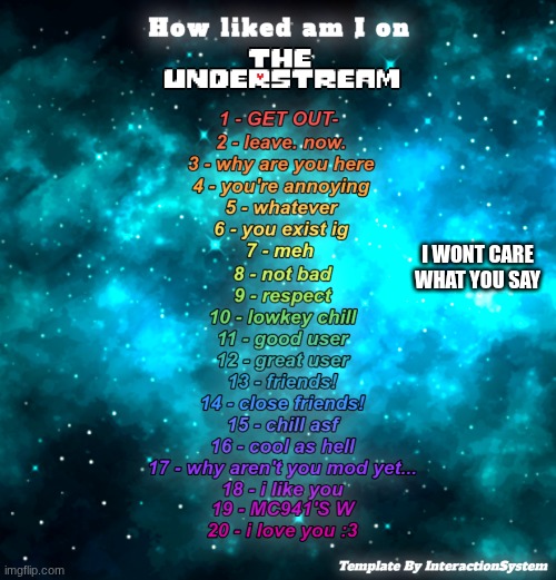HOW LIKED AM I ON THE UNDERSTREAM? (By InteractionSystem) | I WONT CARE WHAT YOU SAY | image tagged in how liked am i on the understream by interactionsystem | made w/ Imgflip meme maker