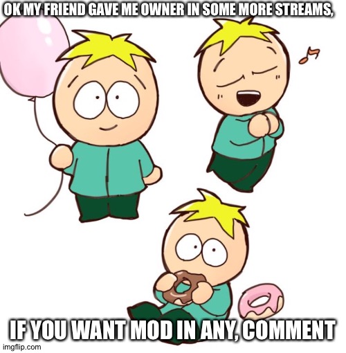 E | OK MY FRIEND GAVE ME OWNER IN SOME MORE STREAMS, IF YOU WANT MOD IN ANY, COMMENT | image tagged in south park | made w/ Imgflip meme maker