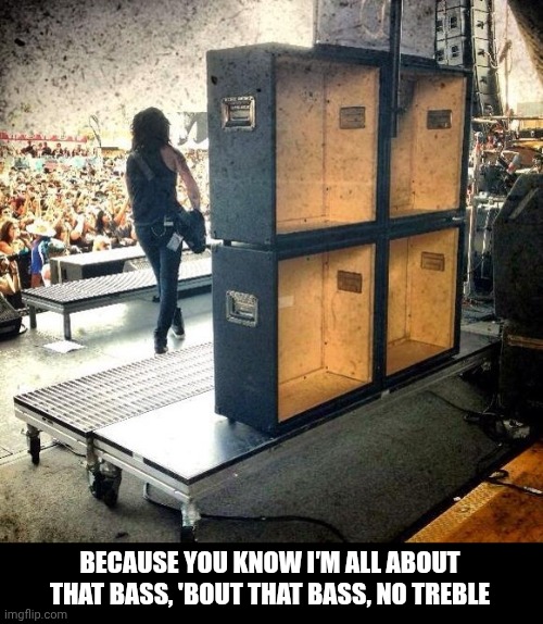 No Treble at all | BECAUSE YOU KNOW I′M ALL ABOUT THAT BASS, 'BOUT THAT BASS, NO TREBLE | image tagged in fake speakers,bass,rock concert,empty,fake | made w/ Imgflip meme maker
