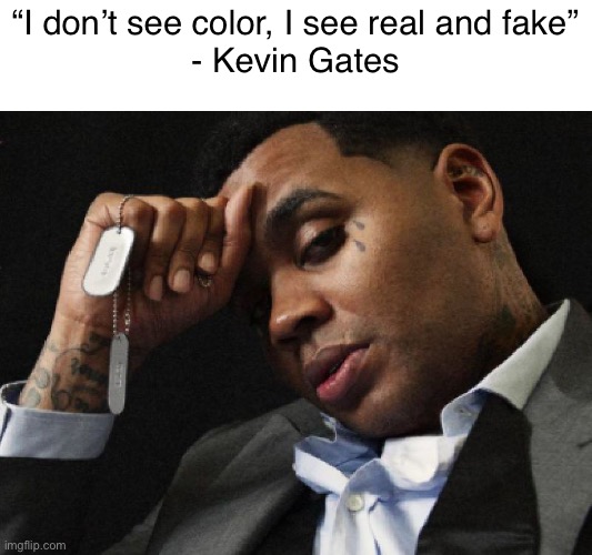Kevin Gates gets it | “I don’t see color, I see real and fake”
- Kevin Gates | image tagged in kevin gates sunny,anti racism,fuck racism,kevin gates,rap,wisdom | made w/ Imgflip meme maker