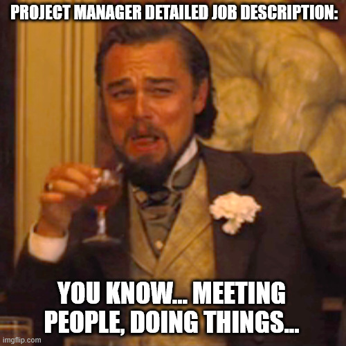 Project manager duties. | PROJECT MANAGER DETAILED JOB DESCRIPTION:; YOU KNOW... MEETING PEOPLE, DOING THINGS... | image tagged in memes,laughing leo,project manager | made w/ Imgflip meme maker