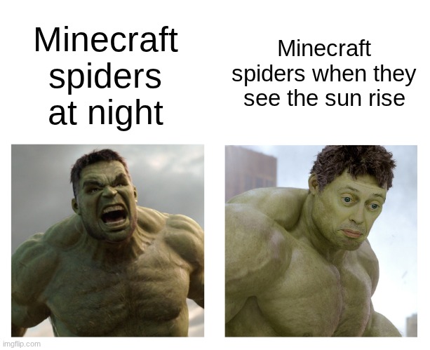 Hulk angry then realizes he's wrong | Minecraft spiders when they see the sun rise; Minecraft spiders at night | image tagged in hulk angry then realizes he's wrong | made w/ Imgflip meme maker