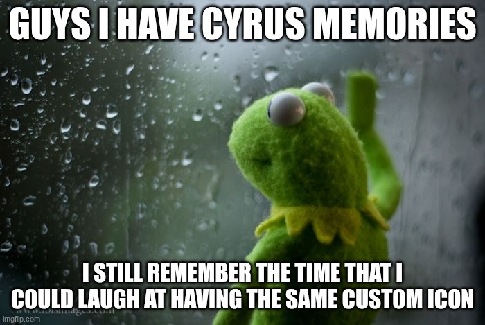 saying this made me so sad :'( | GUYS I HAVE CYRUS MEMORIES; I STILL REMEMBER THE TIME THAT I COULD LAUGH AT HAVING THE SAME CUSTOM ICON | image tagged in kermit window | made w/ Imgflip meme maker
