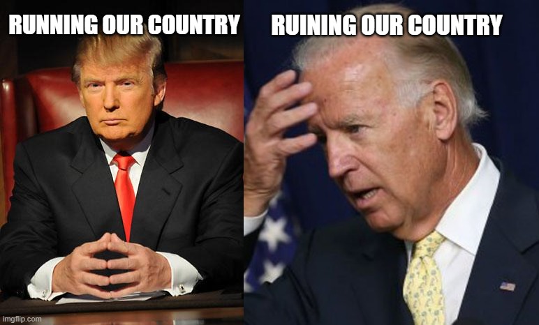 running vs ruining | RUINING OUR COUNTRY; RUNNING OUR COUNTRY | image tagged in serious trump,biden,sleepy joe | made w/ Imgflip meme maker