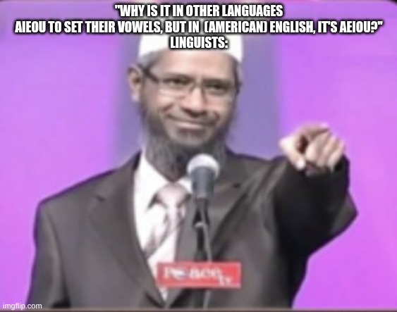 Yeah | "WHY IS IT IN OTHER LANGUAGES AIEOU TO SET THEIR VOWELS, BUT IN  (AMERICAN) ENGLISH, IT'S AEIOU?"
LINGUISTS: | image tagged in zakir naik brother asked a very good question | made w/ Imgflip meme maker