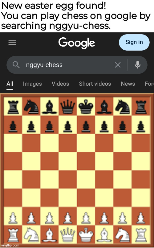 Google New easter egg | New easter egg found!
You can play chess on google by
searching nggyu-chess. | made w/ Imgflip meme maker