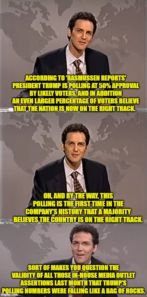 Those leftist media outlets should stuff their in-house polling back into the orifice from which they pulled them.. | ACCORDING TO 'RASMUSSEN REPORTS' PRESIDENT TRUMP IS POLLING AT 50% APPROVAL BY LIKELY VOTERS, AND IN ADDITION AN EVEN LARGER PERCENTAGE OF VOTERS BELIEVE THAT THE NATION IS NOW ON THE RIGHT TRACK. OH, AND BY THE WAY, THIS POLLING IS THE FIRST TIME IN THE COMPANY’S HISTORY THAT A MAJORITY BELIEVES THE COUNTRY IS ON THE RIGHT TRACK. SORT OF MAKES YOU QUESTION THE VALIDITY OF ALL THOSE IN-HOUSE MEDIA OUTLET ASSERTIONS LAST MONTH THAT TRUMP'S POLLING NUMBERS WERE FALLING LIKE A BAG OF ROCKS. | image tagged in weekend update with norm | made w/ Imgflip meme maker