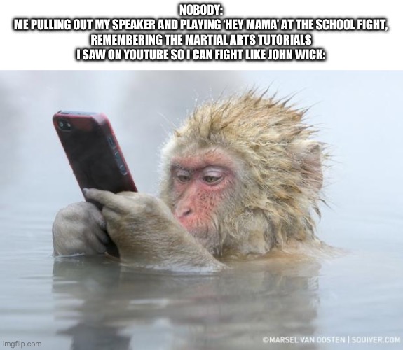 Anybody else think about this? | NOBODY:
ME PULLING OUT MY SPEAKER AND PLAYING ‘HEY MAMA’ AT THE SCHOOL FIGHT, REMEMBERING THE MARTIAL ARTS TUTORIALS I SAW ON YOUTUBE SO I CAN FIGHT LIKE JOHN WICK: | image tagged in monkey mobile phone,hey mama,school fight,relatable,john wick,mma | made w/ Imgflip meme maker