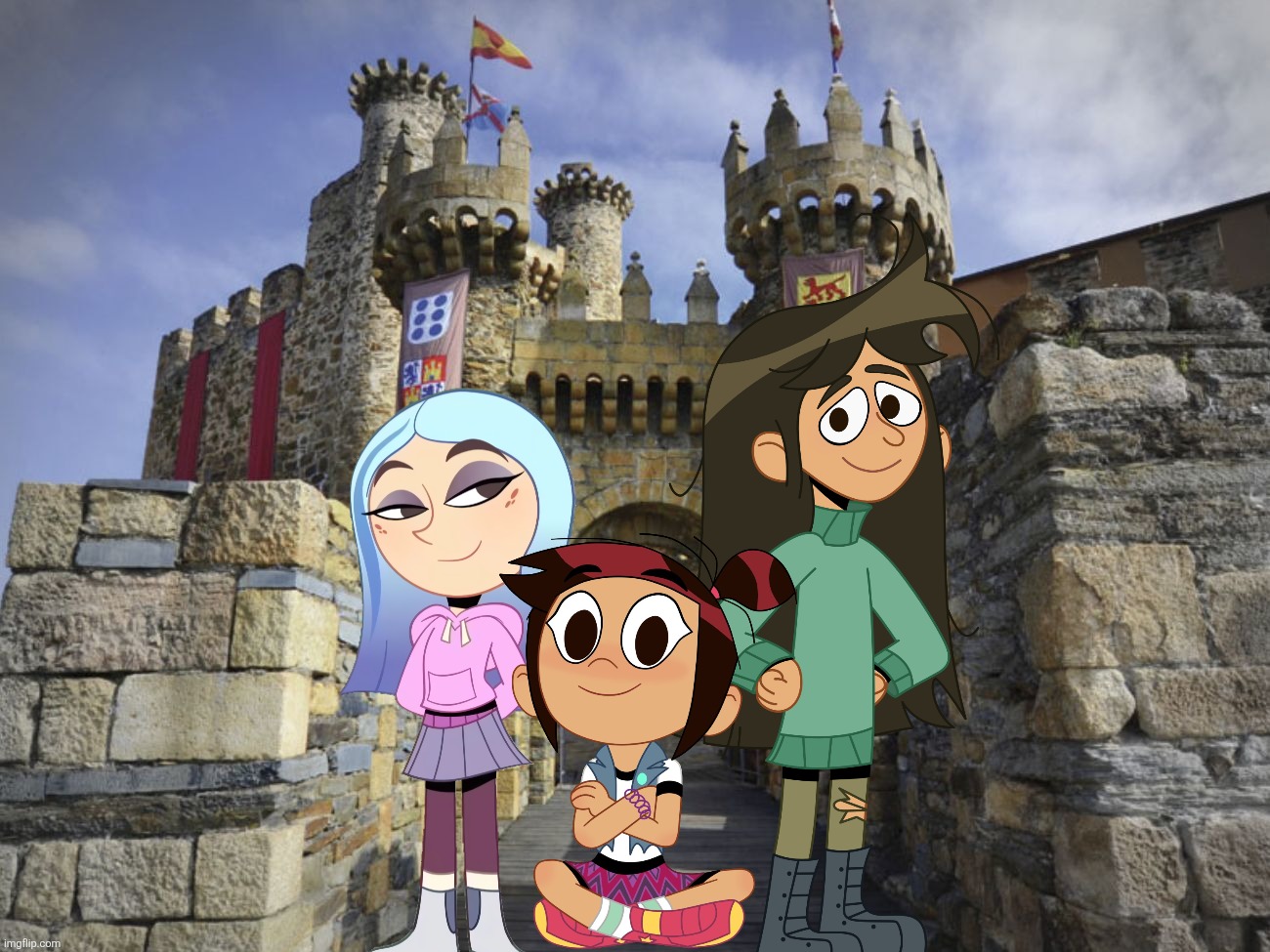 Molly, Andrea and Libby at Ponferrada Castle, Castille and León, Spain | image tagged in the ghost and molly mcgee,castle,wholesome,cartoons,disney | made w/ Imgflip meme maker