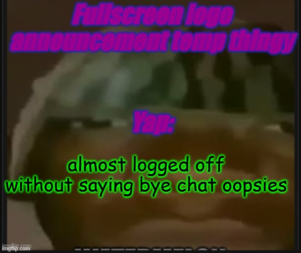 bye | almost logged off without saying bye chat oopsies | image tagged in fullscreen logo announcement temp | made w/ Imgflip meme maker