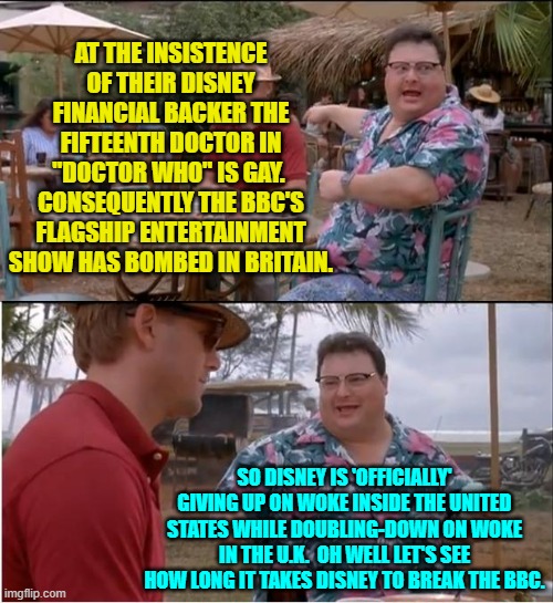 Get WOKE  and Go Broke BBC.  It ain't rocket science. | AT THE INSISTENCE OF THEIR DISNEY FINANCIAL BACKER THE FIFTEENTH DOCTOR IN "DOCTOR WHO" IS GAY.  CONSEQUENTLY THE BBC'S FLAGSHIP ENTERTAINMENT SHOW HAS BOMBED IN BRITAIN. SO DISNEY IS 'OFFICIALLY' GIVING UP ON WOKE INSIDE THE UNITED STATES WHILE DOUBLING-DOWN ON WOKE IN THE U.K.  OH WELL LET'S SEE HOW LONG IT TAKES DISNEY TO BREAK THE BBC. | image tagged in see nobody cares | made w/ Imgflip meme maker