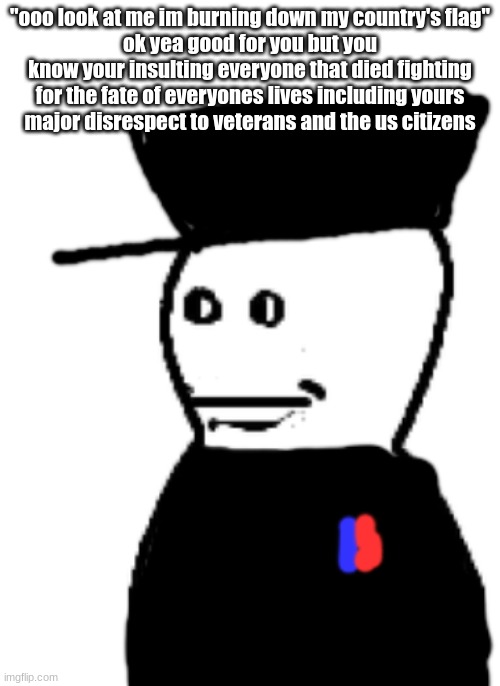 "ooo look at me im burning down my country's flag"
ok yea good for you but you know your insulting everyone that died fighting for the fate of everyones lives including yours
major disrespect to veterans and the us citizens | made w/ Imgflip meme maker