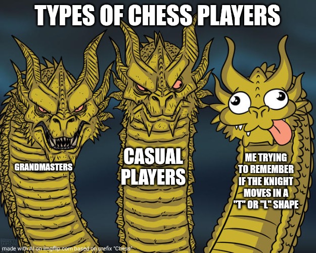 Three-headed Dragon | TYPES OF CHESS PLAYERS; CASUAL PLAYERS; ME TRYING TO REMEMBER IF THE KNIGHT MOVES IN A "T" OR "L" SHAPE; GRANDMASTERS | image tagged in three-headed dragon | made w/ Imgflip meme maker