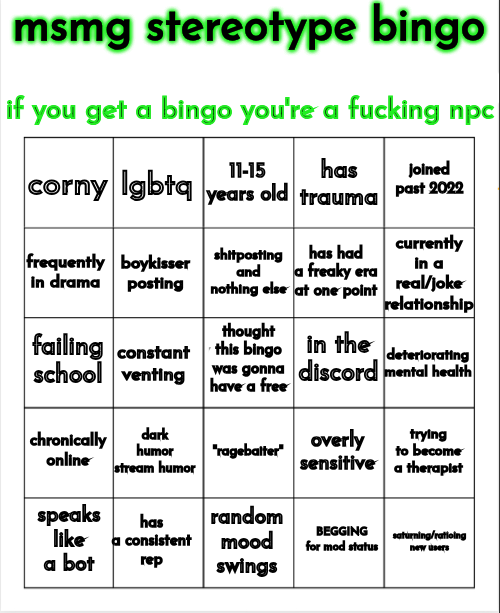 msmg stereotype bingo Blank Meme Template