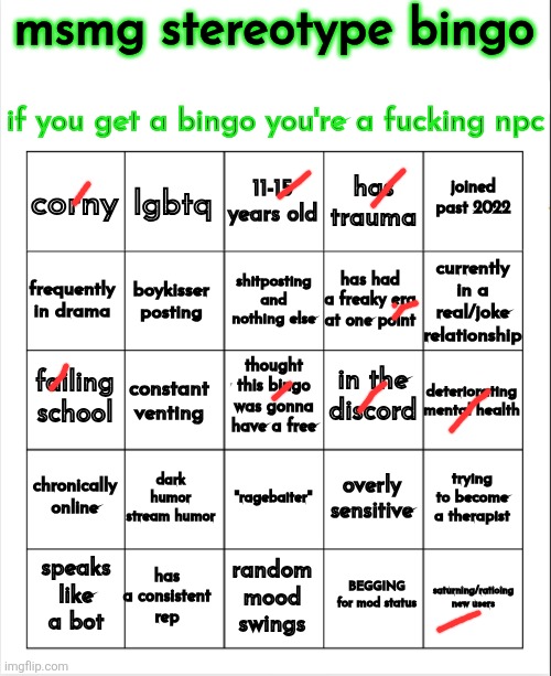 msmg stereotype bingo | image tagged in msmg stereotype bingo | made w/ Imgflip meme maker