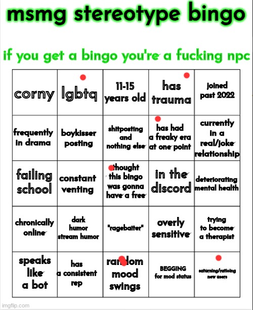 I don't know about "corny" or "consistent rep" so I'll let y'all decide. | image tagged in msmg stereotype bingo | made w/ Imgflip meme maker