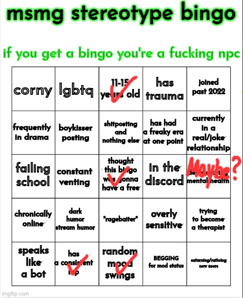 msmg stereotype bingo | image tagged in msmg stereotype bingo | made w/ Imgflip meme maker