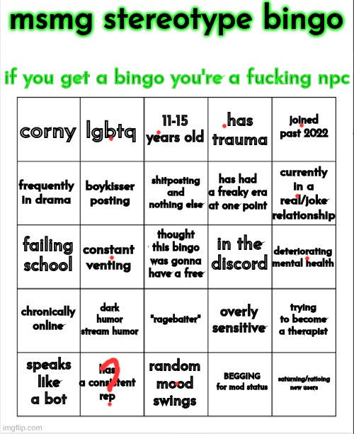 msmg stereotype bingo | image tagged in msmg stereotype bingo | made w/ Imgflip meme maker
