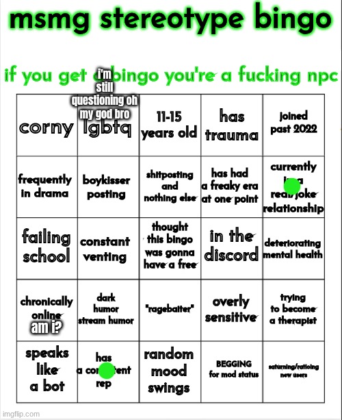 lemme give it a go | i'm still questioning oh my god bro; am i? | image tagged in msmg stereotype bingo | made w/ Imgflip meme maker