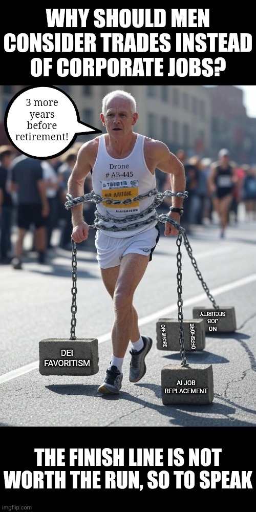 Men, if you graduated this year, think before chasing corporate jobs. They will insult you far more often than reward you! | WHY SHOULD MEN CONSIDER TRADES INSTEAD OF CORPORATE JOBS? 3 more years before retirement! Drone # AB-445; NO JOB SECURITY; OFFSHORE; OFFSHORE; DEI FAVORITISM; AI JOB REPLACEMENT; THE FINISH LINE IS NOT WORTH THE RUN, SO TO SPEAK | image tagged in runner in chains,men,working,corporations,careers,advice | made w/ Imgflip meme maker