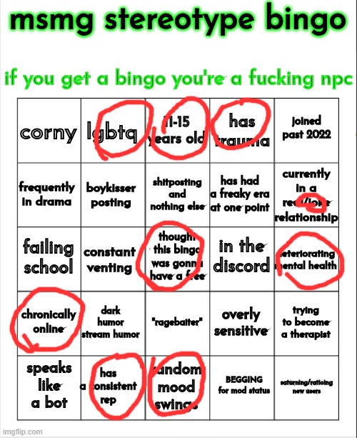 msmg stereotype bingo | image tagged in msmg stereotype bingo | made w/ Imgflip meme maker