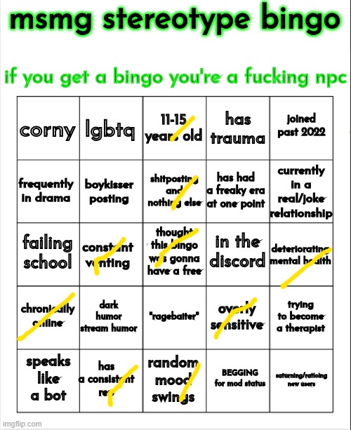 msmg stereotype bingo | image tagged in msmg stereotype bingo | made w/ Imgflip meme maker