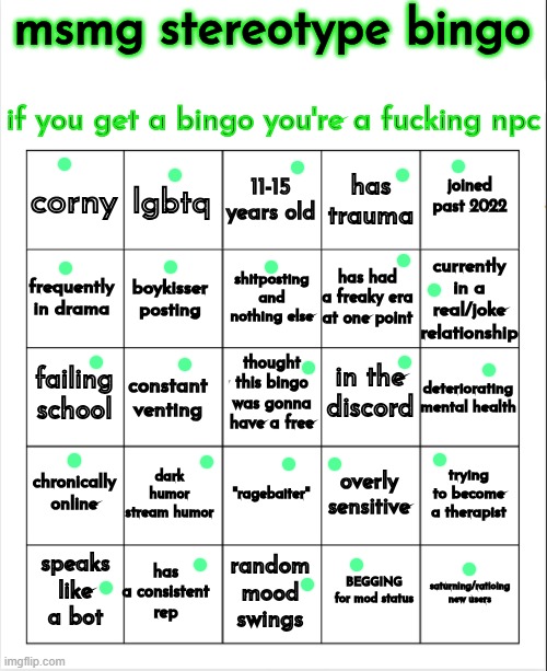 . | image tagged in msmg stereotype bingo | made w/ Imgflip meme maker