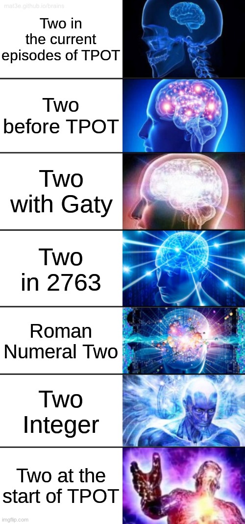 7-Tier Expanding Brain | Two in the current episodes of TPOT; Two before TPOT; Two with Gaty; Two in 2763; Roman Numeral Two; Two Integer; Two at the start of TPOT | image tagged in 7-tier expanding brain | made w/ Imgflip meme maker