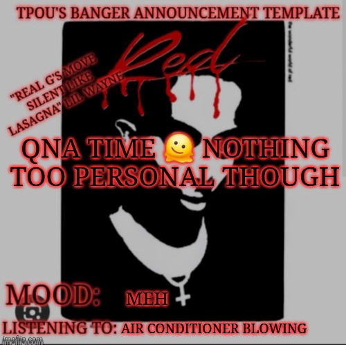 yeah, I've never been a pedophile, so a CERTAIN SOMEONE should stop accusing me of it without evidence | QNA TIME 🫠 NOTHING TOO PERSONAL THOUGH; MEH; AIR CONDITIONER BLOWING | image tagged in tpou's banger announcement template 2 0 | made w/ Imgflip meme maker