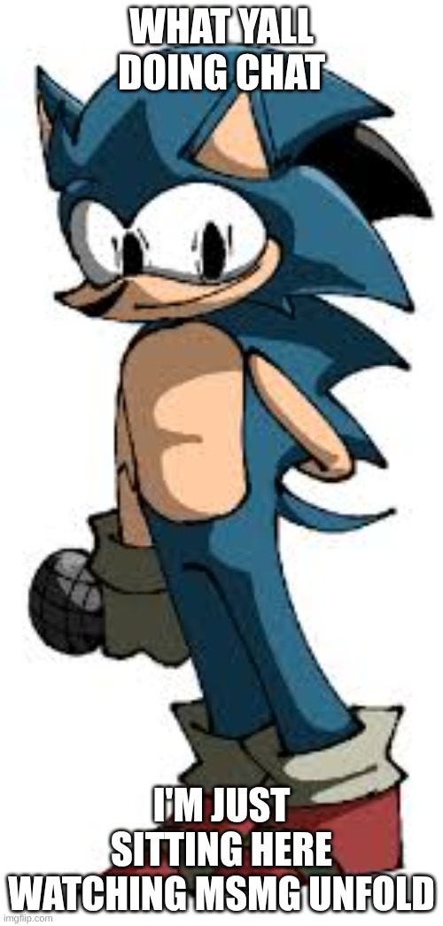 sonic | WHAT YALL DOING CHAT; I'M JUST SITTING HERE WATCHING MSMG UNFOLD | image tagged in sonic | made w/ Imgflip meme maker