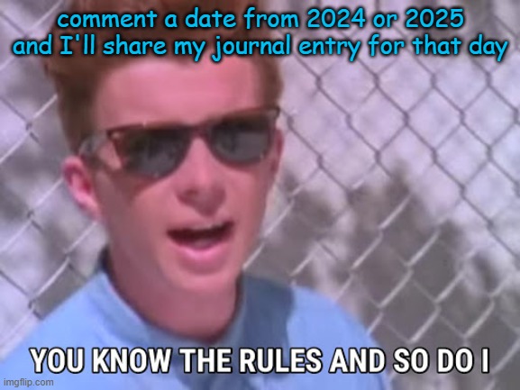 Part 8) | comment a date from 2024 or 2025 and I'll share my journal entry for that day | image tagged in rick astley you know the rules | made w/ Imgflip meme maker