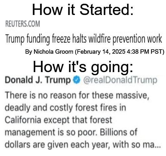 How it Started:; How it's going:; By Nichola Groom (February 14, 2025 4:38 PM PST) | image tagged in donald trump,california fires,california,current events | made w/ Imgflip meme maker