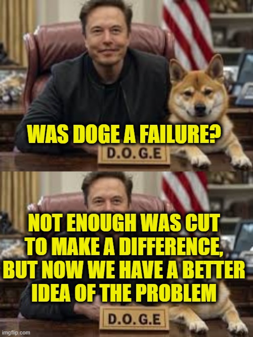 Government math is a bitch! | WAS DOGE A FAILURE? NOT ENOUGH WAS CUT
TO MAKE A DIFFERENCE,
BUT NOW WE HAVE A BETTER
IDEA OF THE PROBLEM | image tagged in doge | made w/ Imgflip meme maker