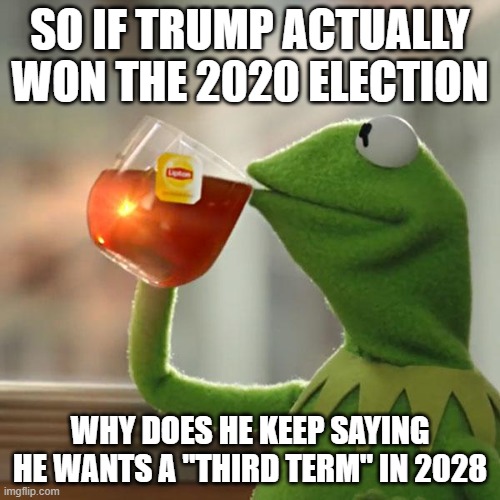 Why? (I'm back) | SO IF TRUMP ACTUALLY WON THE 2020 ELECTION; WHY DOES HE KEEP SAYING HE WANTS A "THIRD TERM" IN 2028 | image tagged in memes,but that's none of my business,kermit the frog | made w/ Imgflip meme maker