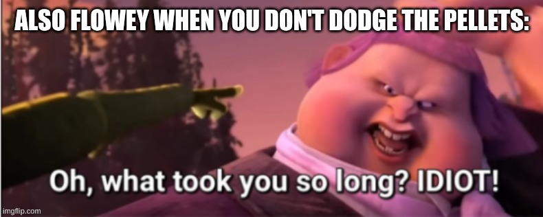 Oh, what took you so long? Idiot! | ALSO FLOWEY WHEN YOU DON'T DODGE THE PELLETS: | image tagged in oh what took you so long idiot | made w/ Imgflip meme maker