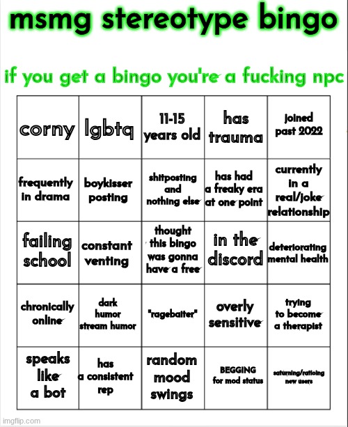 im extending this brb | image tagged in msmg stereotype bingo | made w/ Imgflip meme maker