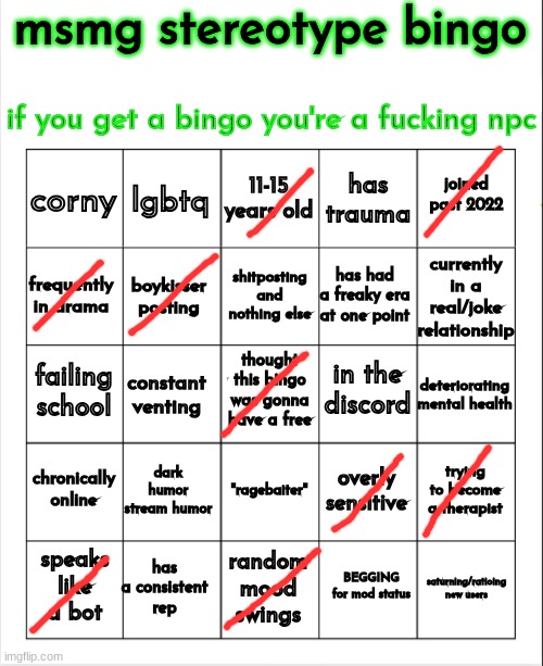 why I got so many :( | image tagged in msmg stereotype bingo | made w/ Imgflip meme maker