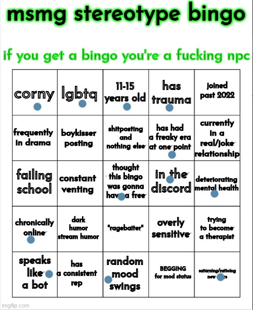 msmg stereotype bingo | image tagged in msmg stereotype bingo | made w/ Imgflip meme maker