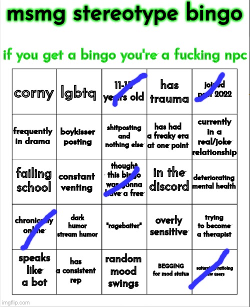 So I don’t qualify | image tagged in msmg stereotype bingo,msmg | made w/ Imgflip meme maker