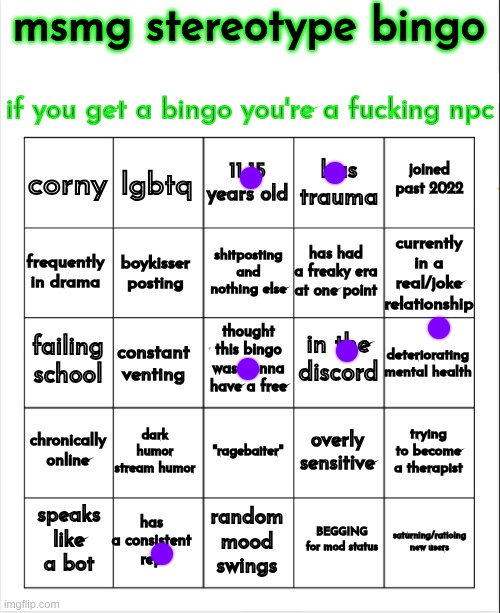 msmg stereotype bingo | image tagged in msmg stereotype bingo | made w/ Imgflip meme maker